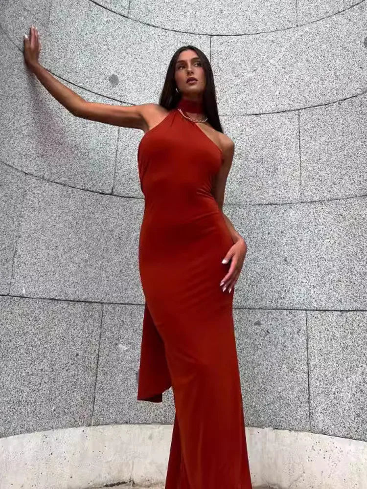 Robe Longue Col Suspendu Rouge