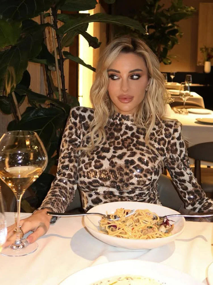 Minivestido de leopardo Manga larga Maxi dividido