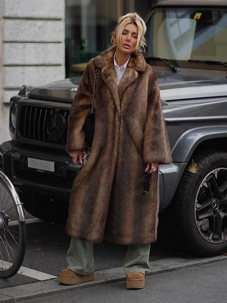 Dark Brown Faux Fur Long Overcoat Single Breasted