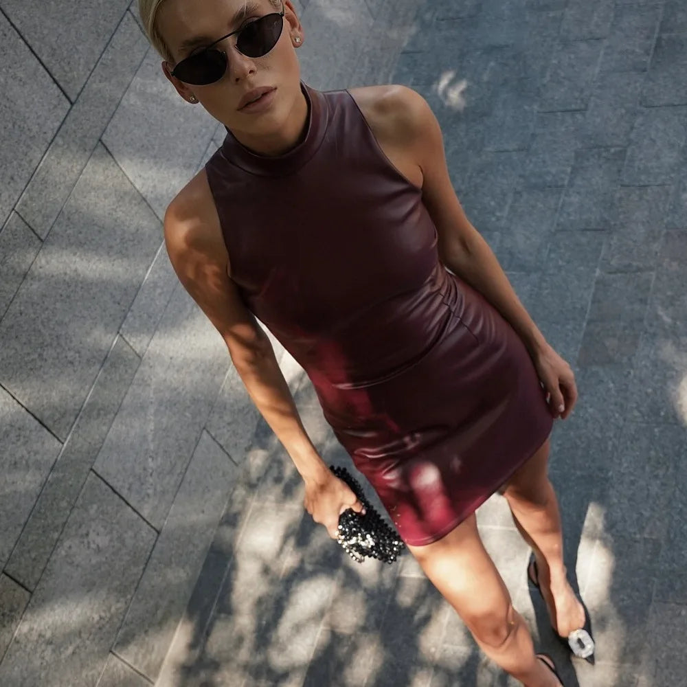 PU-Leder-Minikleid für Damen, figurbetont, Stehkragen
