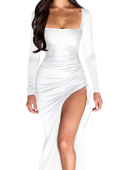 Langärmliges Maxikleid mit hohem Schlitz und Stretchmaterial