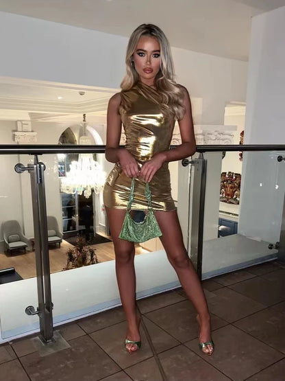 One-Shoulder-figurbetontes Mini-Folienkleid