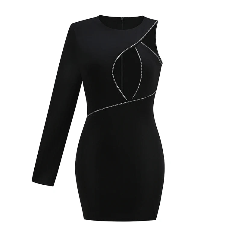 Black One-Shoulder Chain Mini Dress