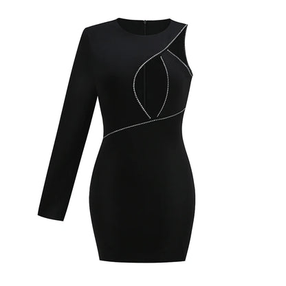 Schwarz One-Shoulder Chain Mini Dress