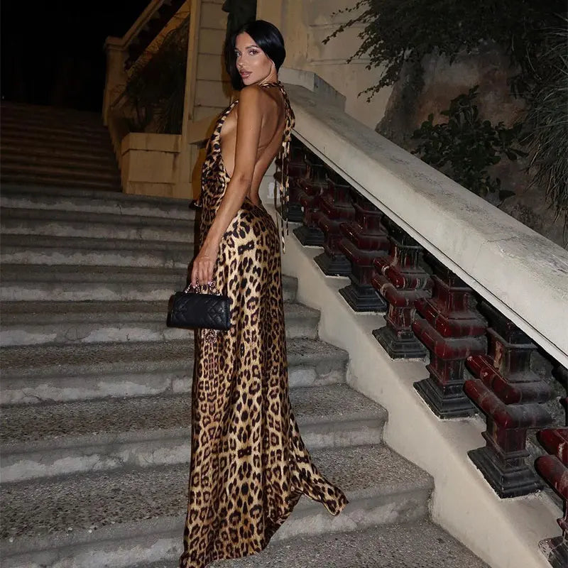 Leopard Printed Maxi Dress Backless Sleeveless for Evening Party