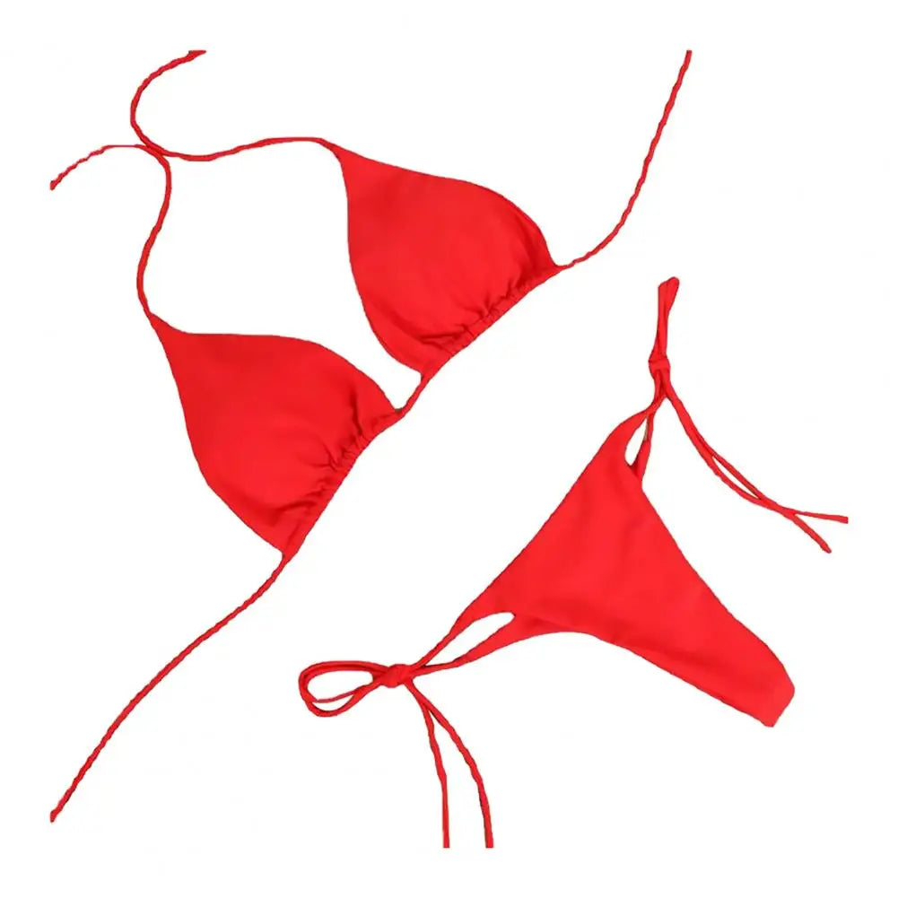 Conjunto de 2 peças de biquíni com alça de pescoço halter de cor sólida