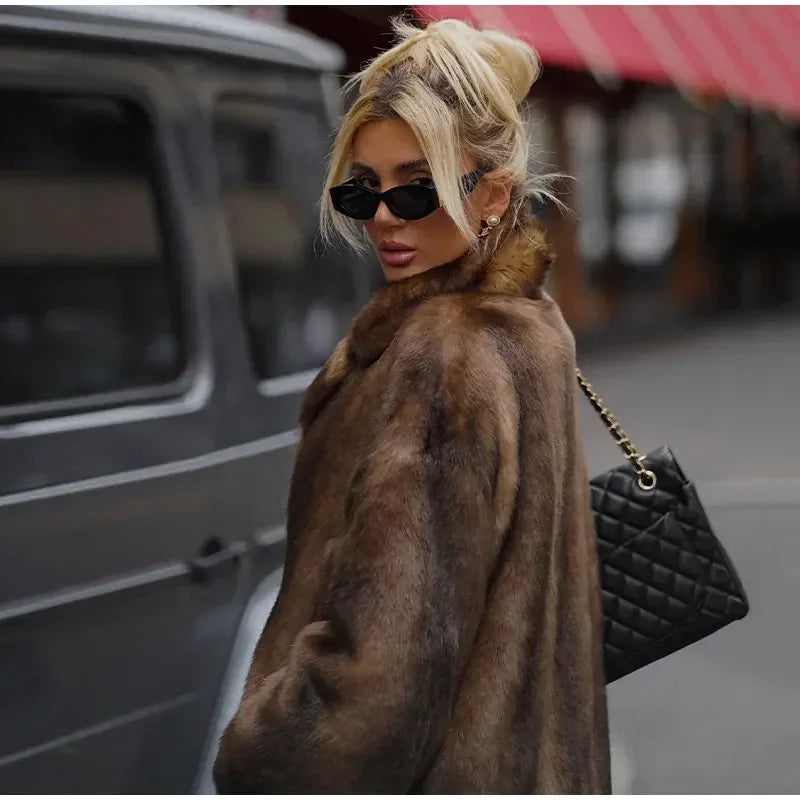 Dark Brown Faux Fur Long Overcoat Single Breasted