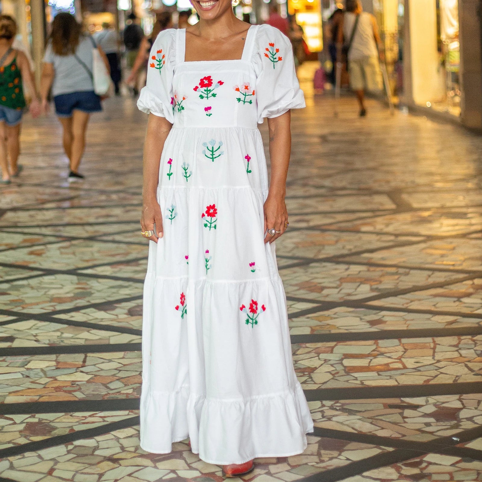 Embroidered Square-Neck Maxi Sundress