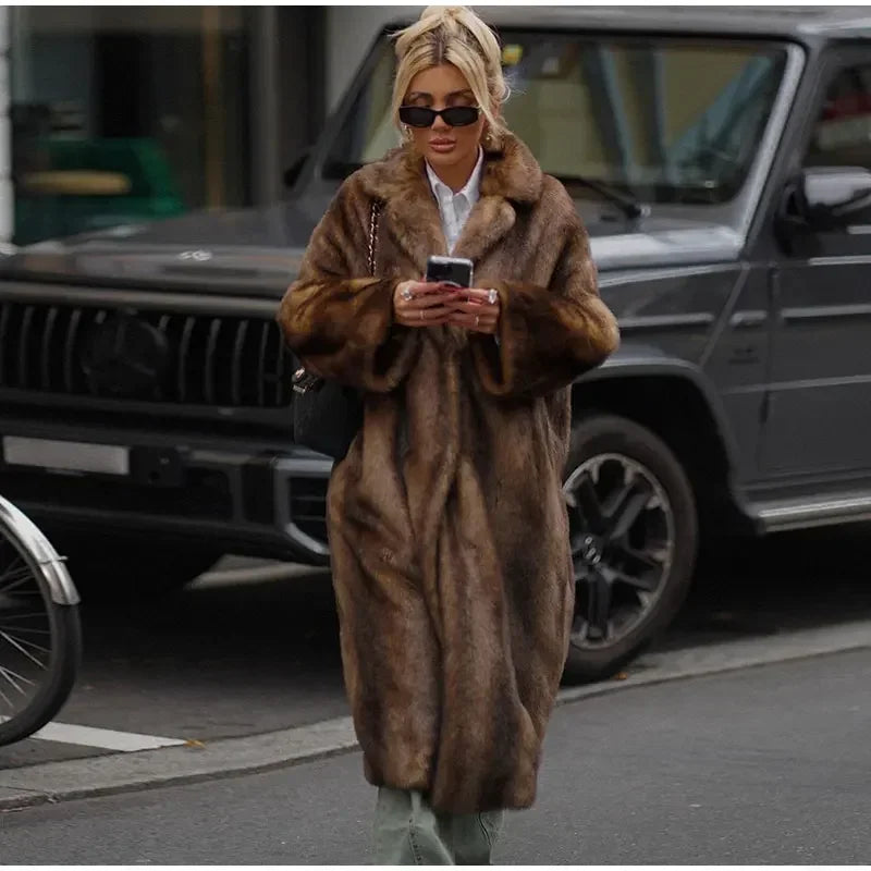 Dark Brown Faux Fur Long Overcoat Single Breasted