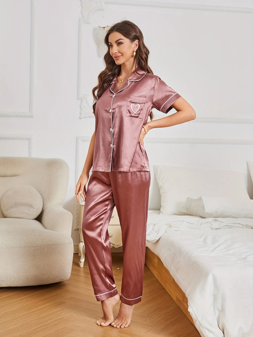 Heart Embroidery Satin Pajama Set – Short Sleeve