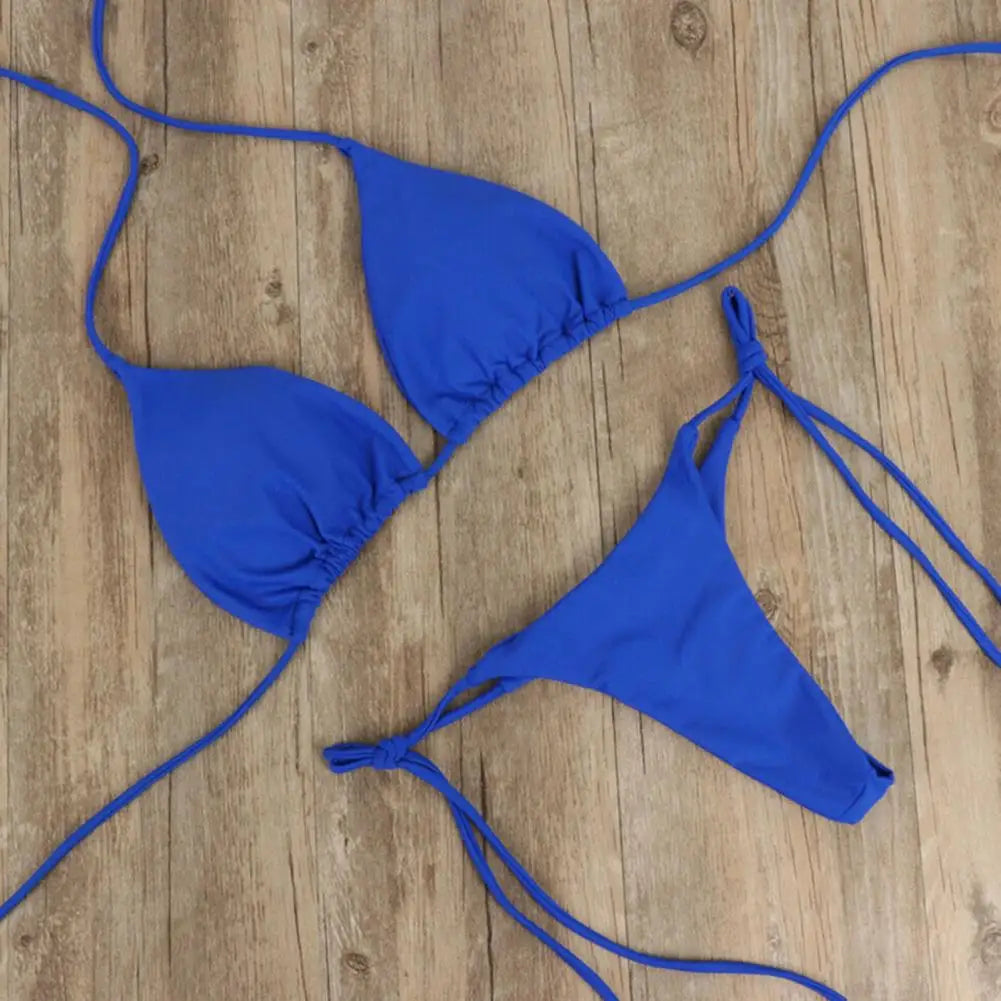 Conjunto de 2 peças de biquíni com alça de pescoço halter de cor sólida
