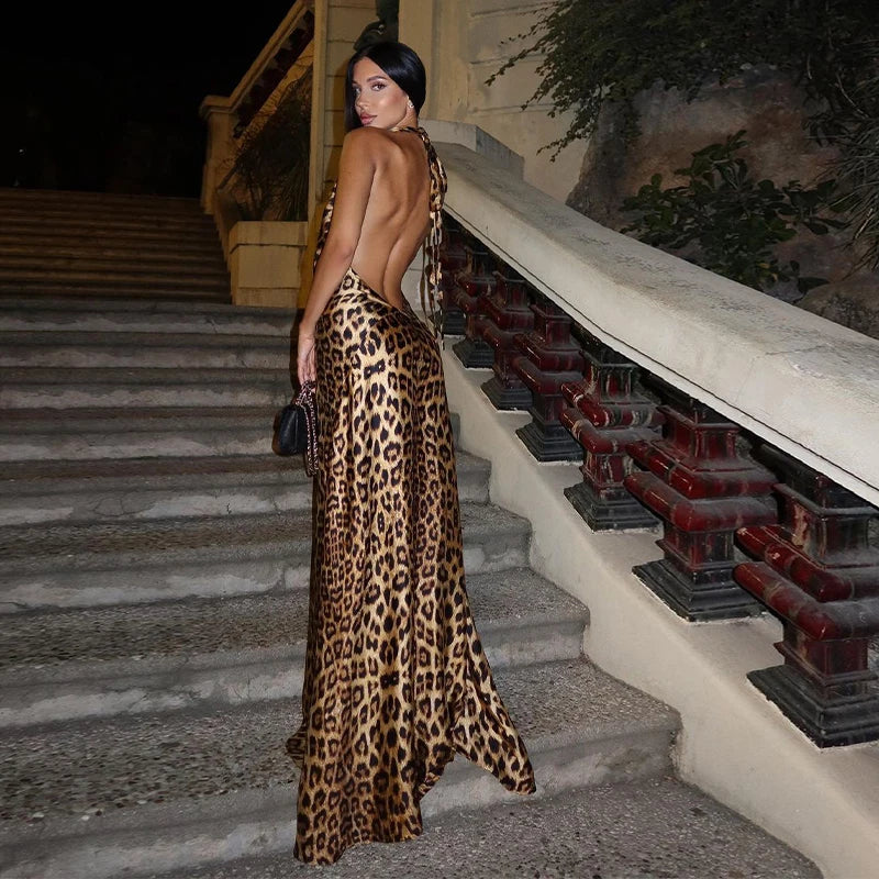 Leopard Printed Maxi Dress Backless Sleeveless for Evening Party