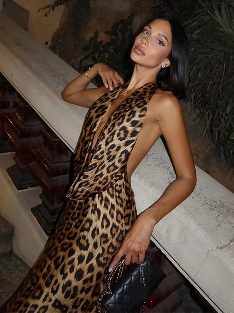 Leopard Printed Maxi Dress Backless Sleeveless for Evening Party