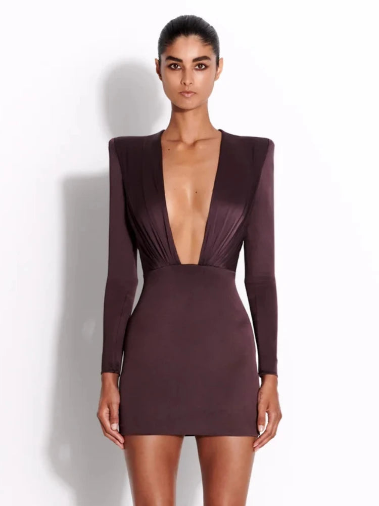 Deep V Neck Folds Design Short Dress Long Sleeve