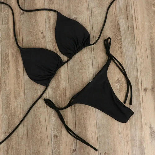 2 Pcs Set Bikini Solid Color Halter Neck Strap