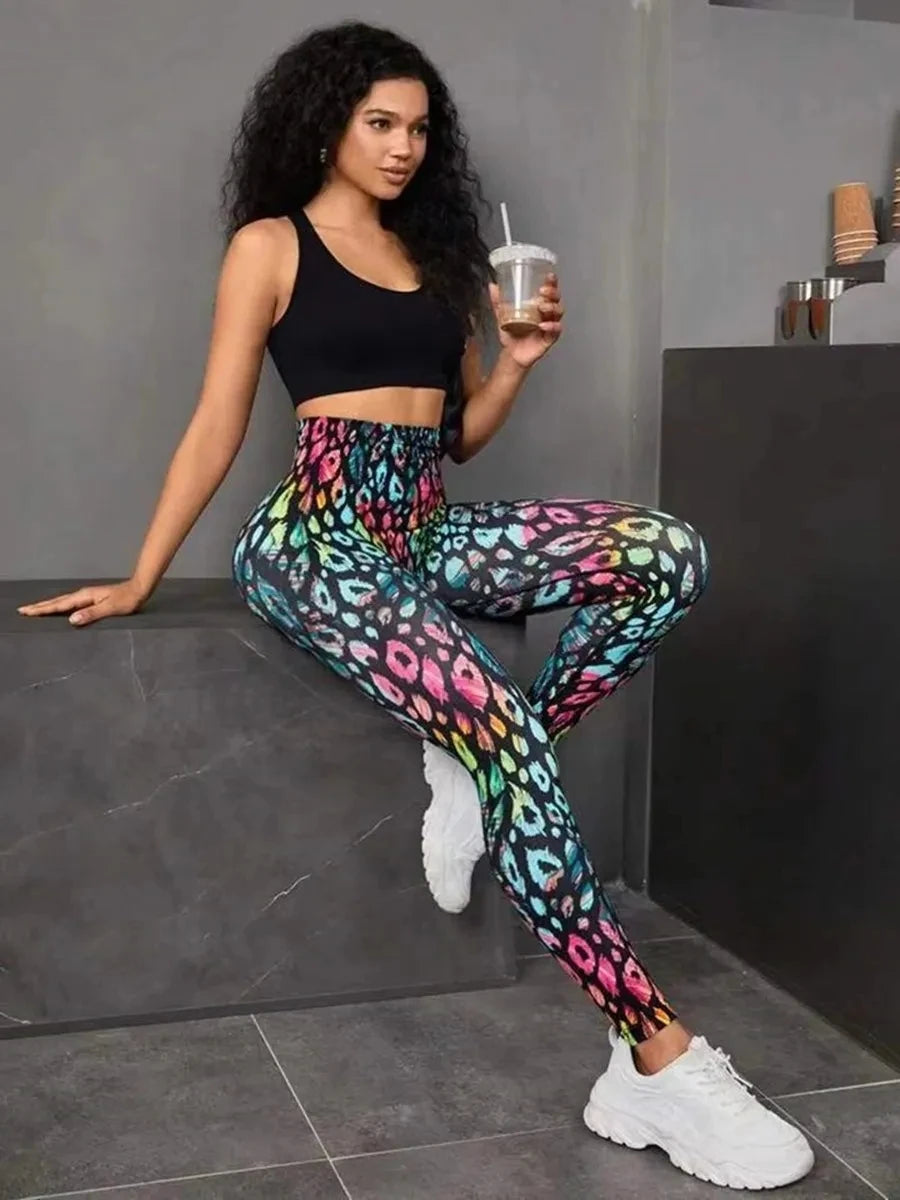 3D Print Dye Sports Pants Women Waist Fitness Push Up Leggings