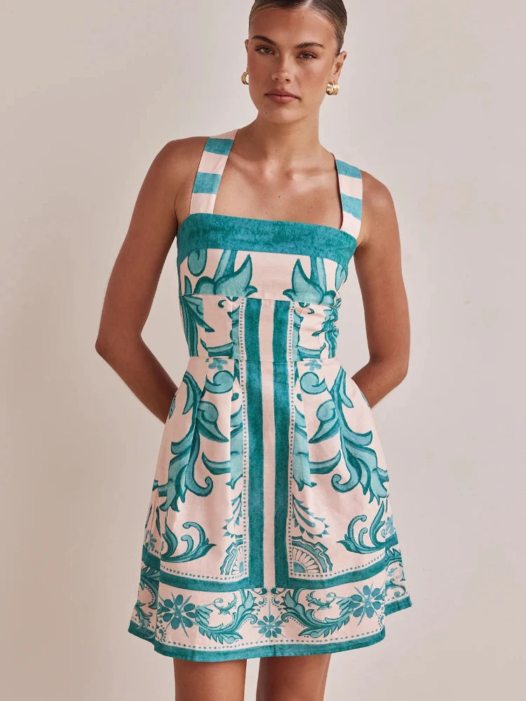 Printed Bohemian Colorblock Mini Dress