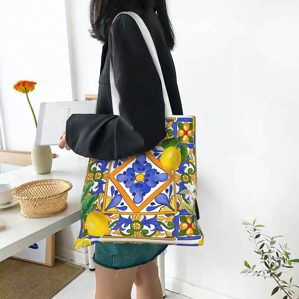 Sicilian Tile Lemon Print Tote Bag