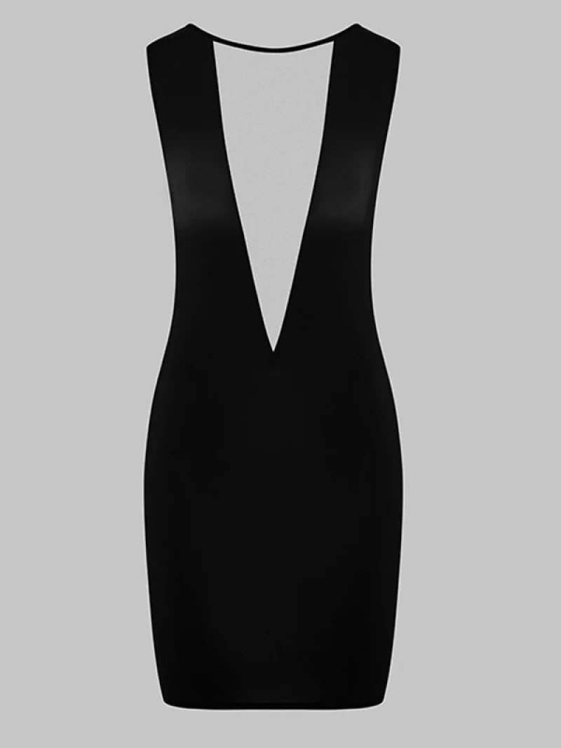 Y2K Mesh Panel V-Neck Bodycon Mini Dress – Black Clubwear