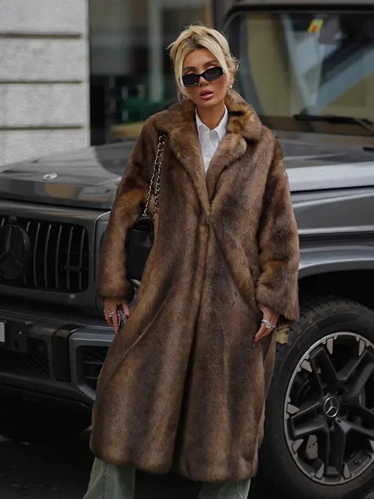 Dark Brown Faux Fur Long Overcoat Single Breasted