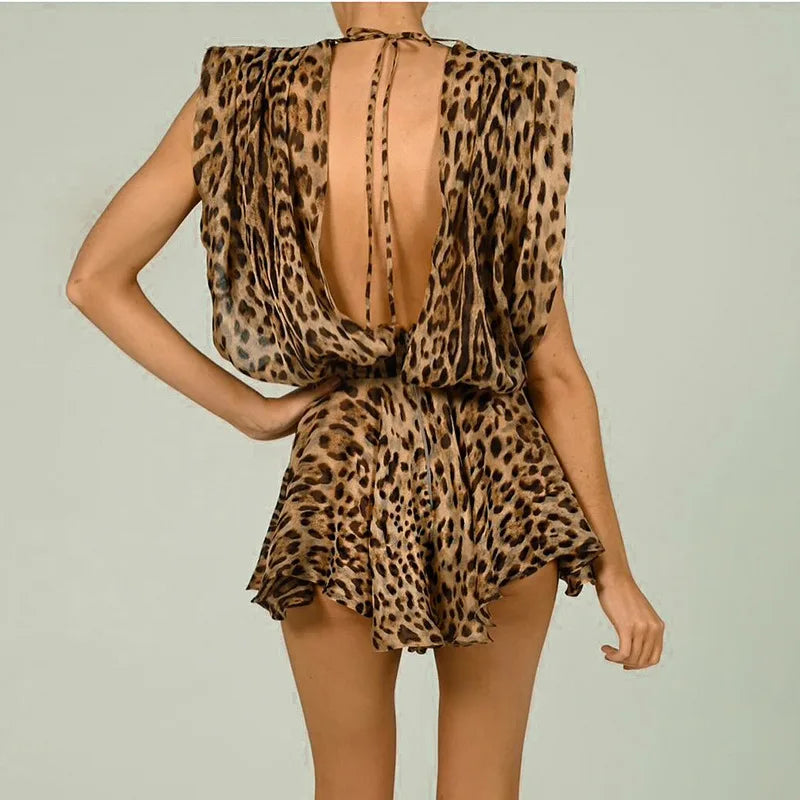 Deep V-neck Leopard Print Mini Dress