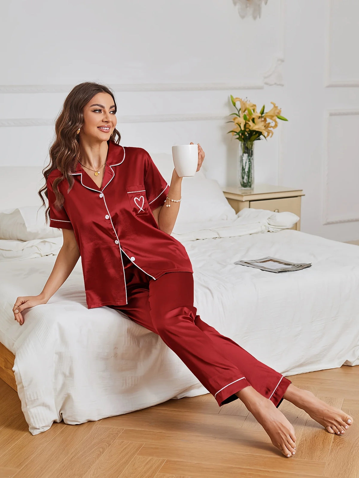 Heart Embroidery Satin Pajama Set – Short Sleeve