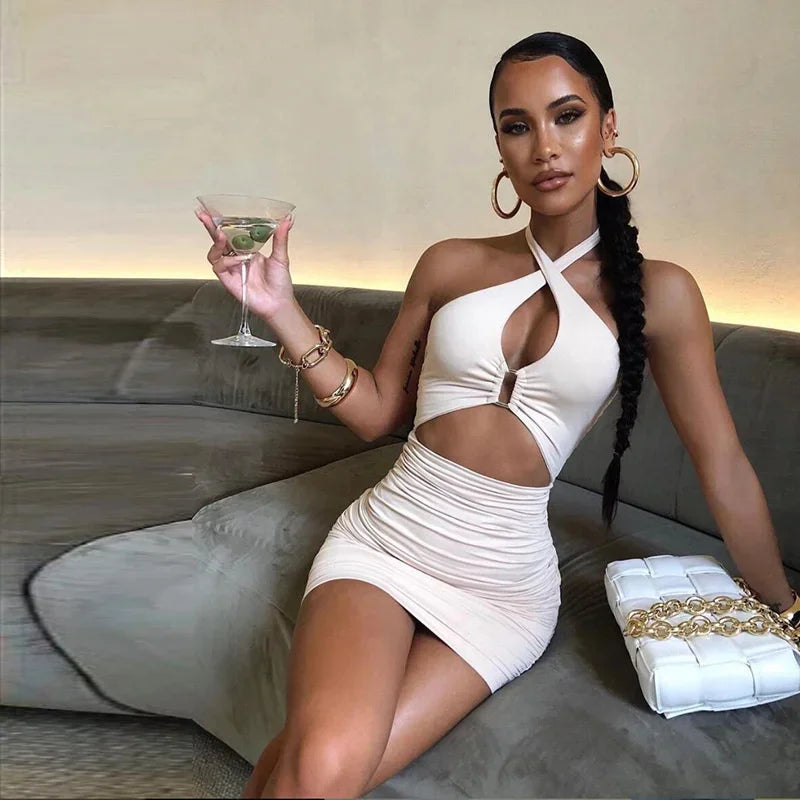 Bodycon Mini Dress Backless Cut Cross Halter Collar